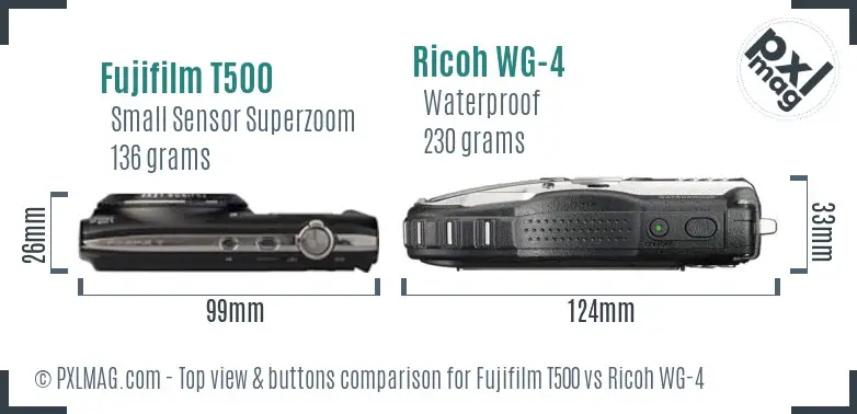 Fujifilm T500 vs Ricoh WG-4 top view buttons comparison