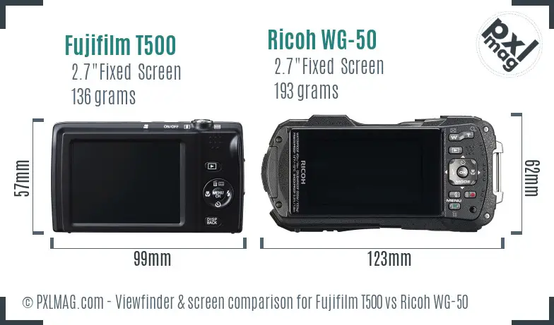 Fujifilm T500 vs Ricoh WG-50 Screen and Viewfinder comparison