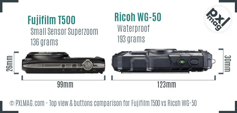 Fujifilm T500 vs Ricoh WG-50 top view buttons comparison