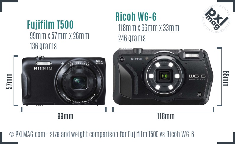 Fujifilm T500 vs Ricoh WG-6 size comparison