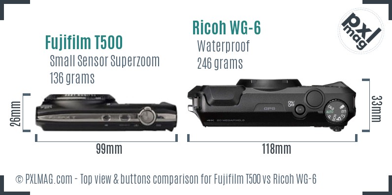 Fujifilm T500 vs Ricoh WG-6 top view buttons comparison