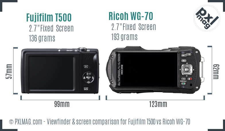Fujifilm T500 vs Ricoh WG-70 Screen and Viewfinder comparison