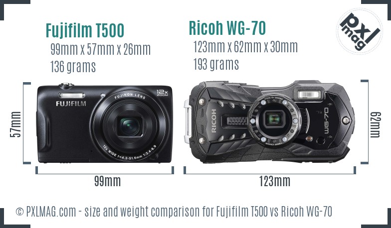 Fujifilm T500 vs Ricoh WG-70 size comparison Fujifilm T500 vs Ricoh WG-70 size comparison