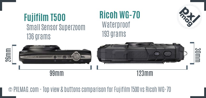 Fujifilm T500 vs Ricoh WG-70 top view buttons comparison