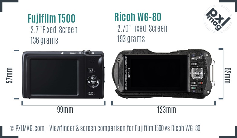 Fujifilm T500 vs Ricoh WG-80 Screen and Viewfinder comparison