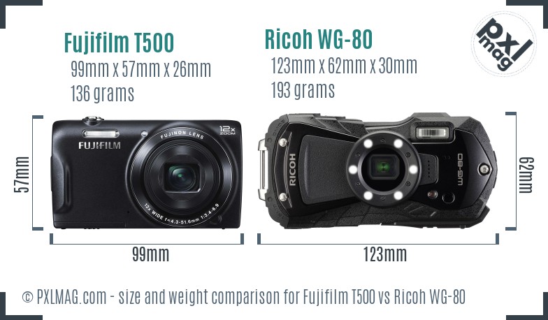 Fujifilm T500 vs Ricoh WG-80 size comparison
