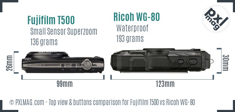 Fujifilm T500 vs Ricoh WG-80 top view buttons comparison