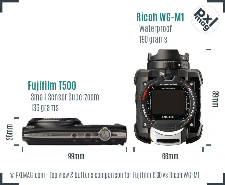 Fujifilm T500 vs Ricoh WG-M1 top view buttons comparison