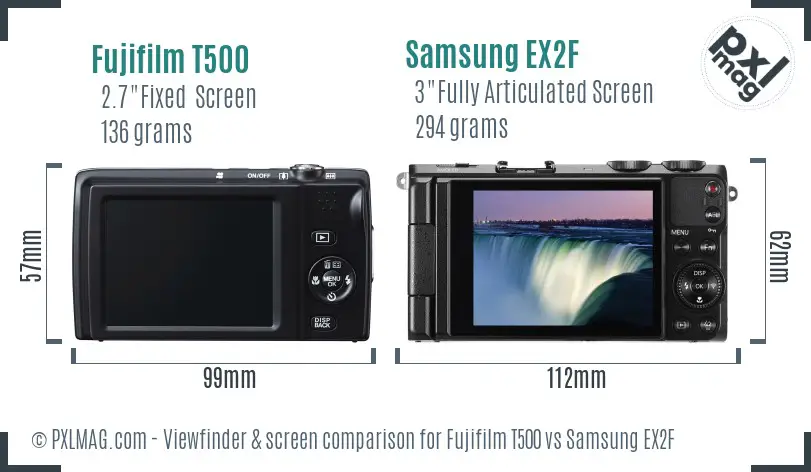 Fujifilm T500 vs Samsung EX2F Screen and Viewfinder comparison