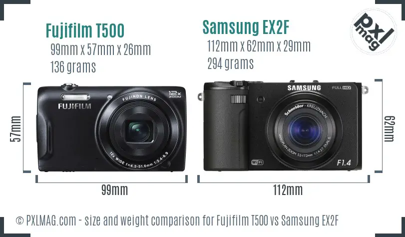 Fujifilm T500 vs Samsung EX2F size comparison