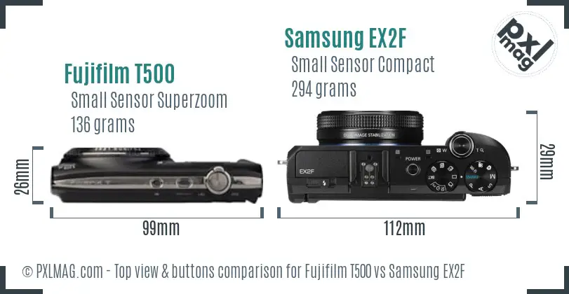 Fujifilm T500 vs Samsung EX2F top view buttons comparison
