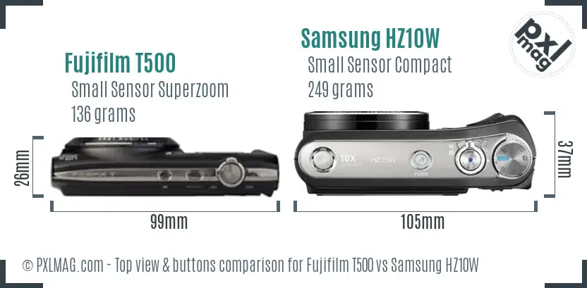 Fujifilm T500 vs Samsung HZ10W top view buttons comparison