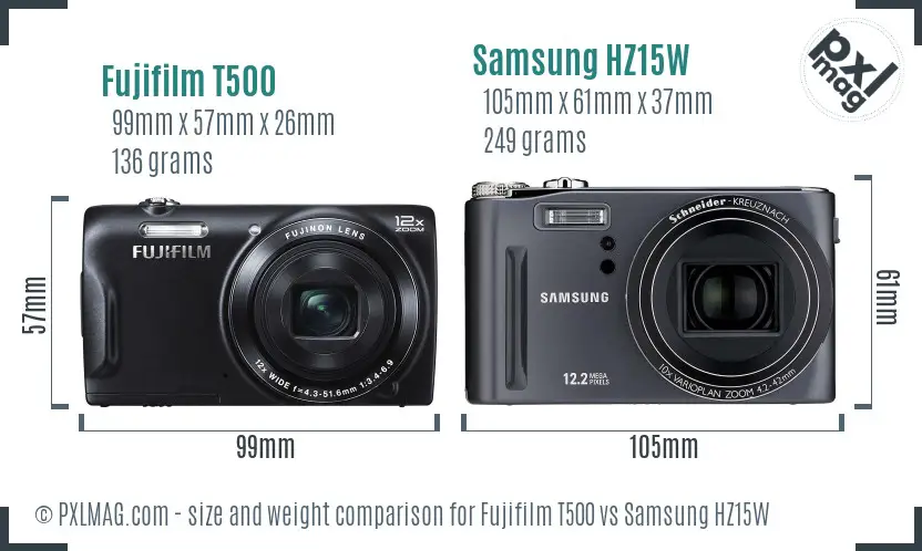 Fujifilm T500 vs Samsung HZ15W size comparison