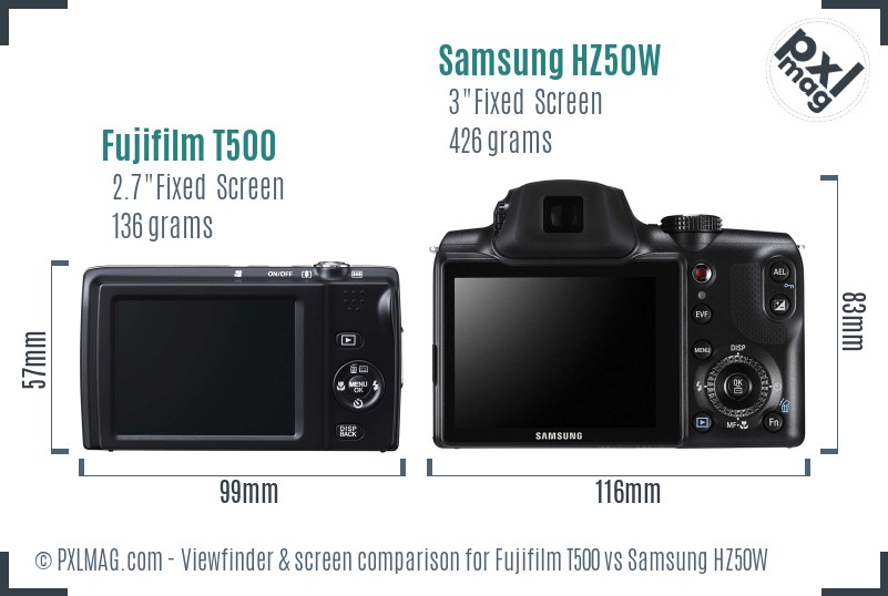 Fujifilm T500 vs Samsung HZ50W Screen and Viewfinder comparison