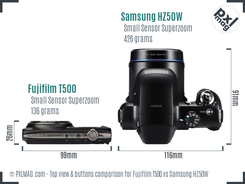 Fujifilm T500 vs Samsung HZ50W top view buttons comparison