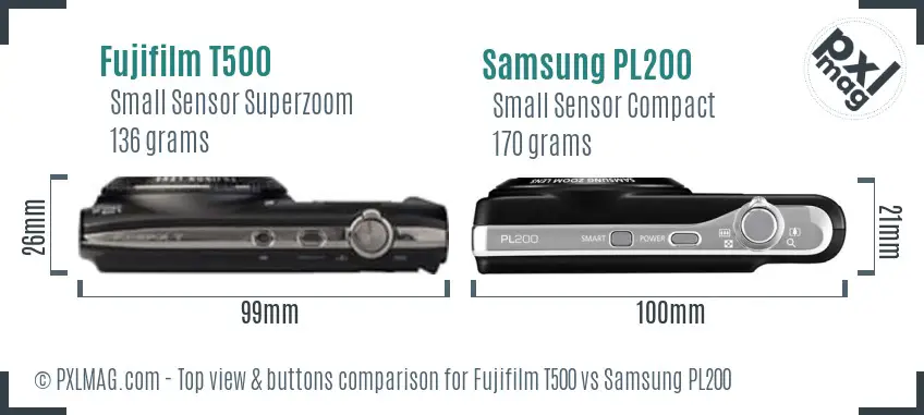 Fujifilm T500 vs Samsung PL200 top view buttons comparison Fujifilm T500 vs Samsung PL200 top view buttons comparison