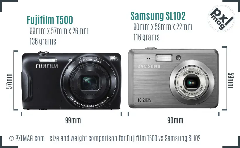 Fujifilm T500 vs Samsung SL102 size comparison