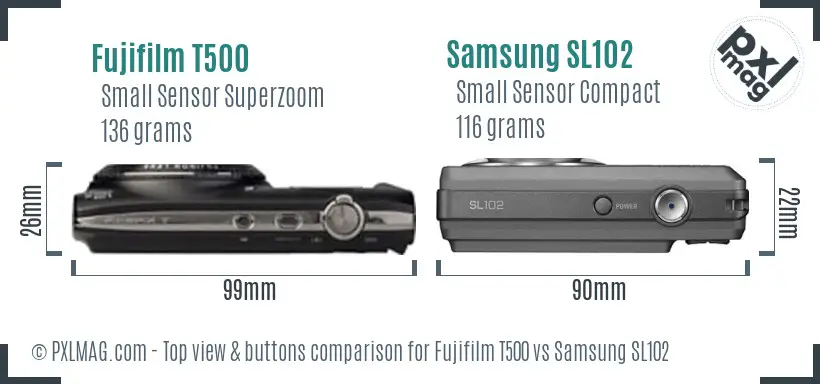 Fujifilm T500 vs Samsung SL102 top view buttons comparison