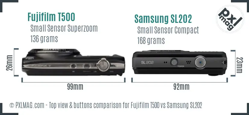 Fujifilm T500 vs Samsung SL202 top view buttons comparison