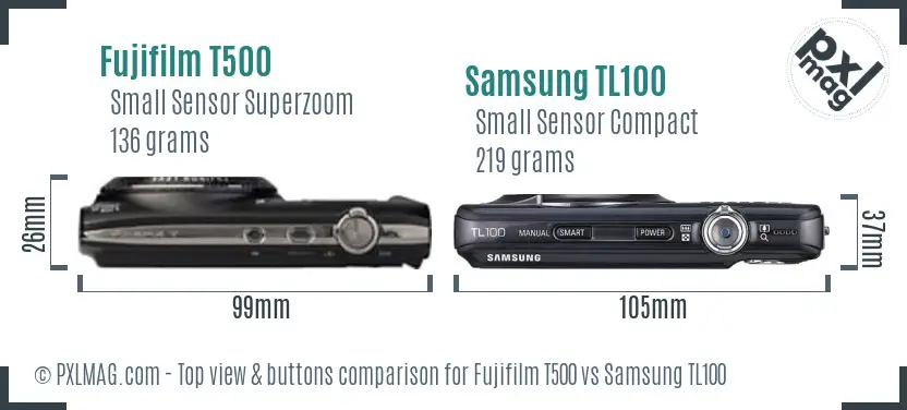 Fujifilm T500 vs Samsung TL100 top view buttons comparison Fujifilm T500 vs Samsung TL100 top view buttons comparison