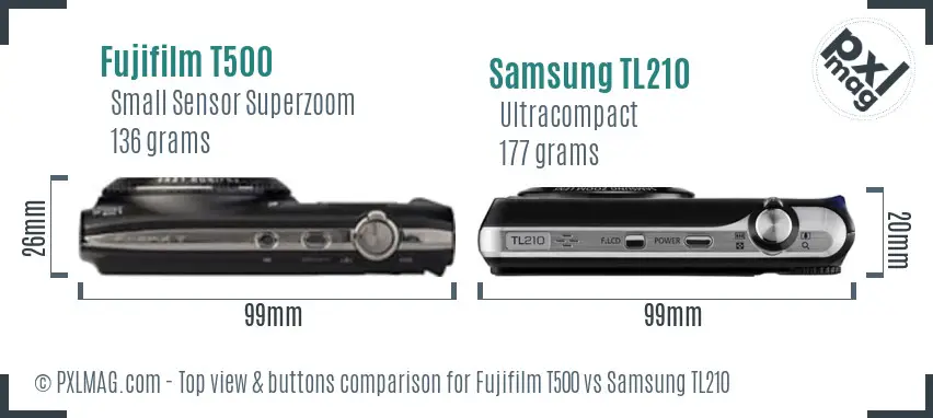Fujifilm T500 vs Samsung TL210 top view buttons comparison