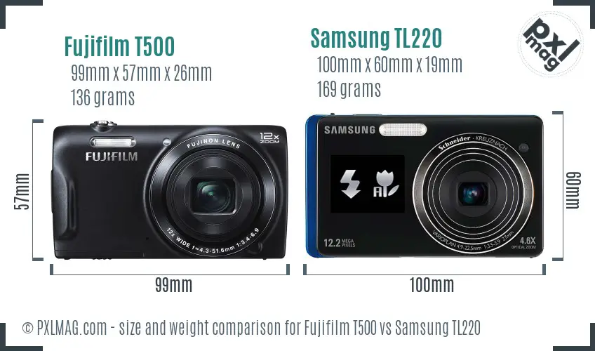 Fujifilm T500 vs Samsung TL220 size comparison