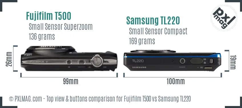 Fujifilm T500 vs Samsung TL220 top view buttons comparison