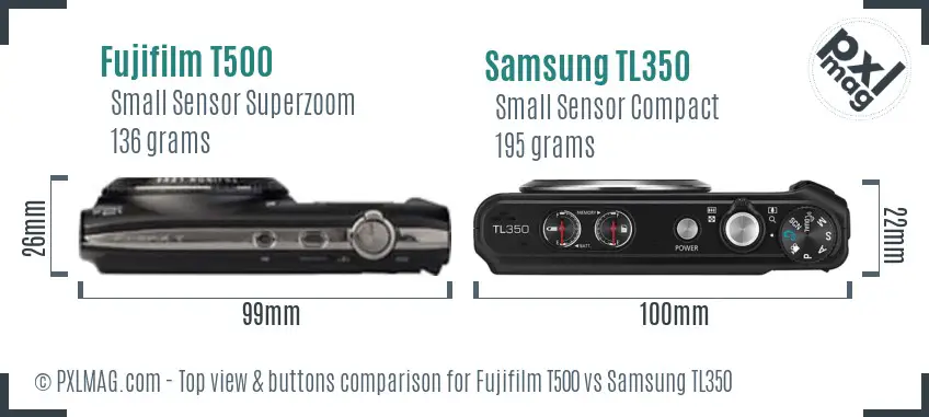 Fujifilm T500 vs Samsung TL350 top view buttons comparison Fujifilm T500 vs Samsung TL350 top view buttons comparison