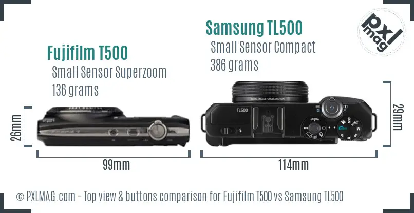 Fujifilm T500 vs Samsung TL500 top view buttons comparison