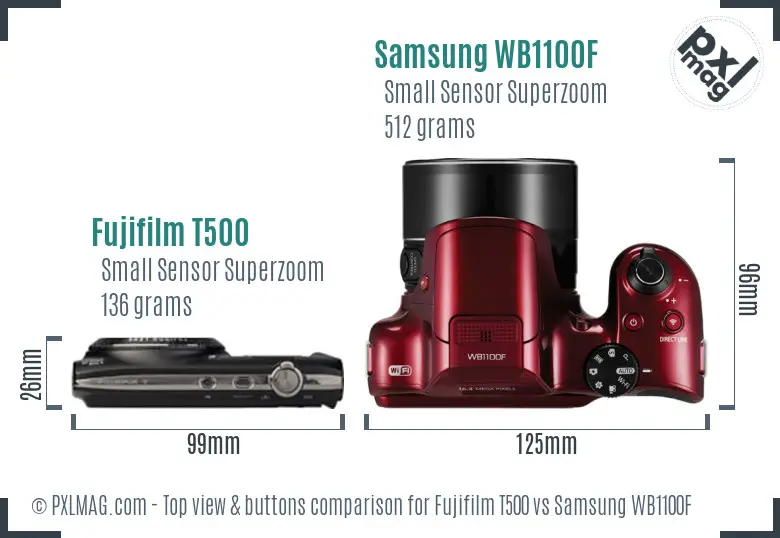 Fujifilm T500 vs Samsung WB1100F top view buttons comparison