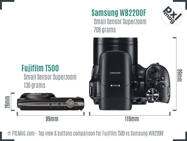 Fujifilm T500 vs Samsung WB2200F top view buttons comparison