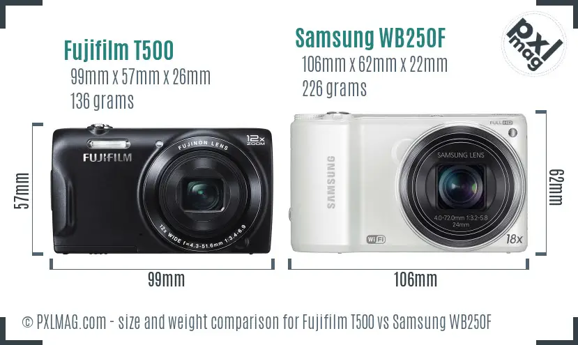 Fujifilm T500 vs Samsung WB250F size comparison