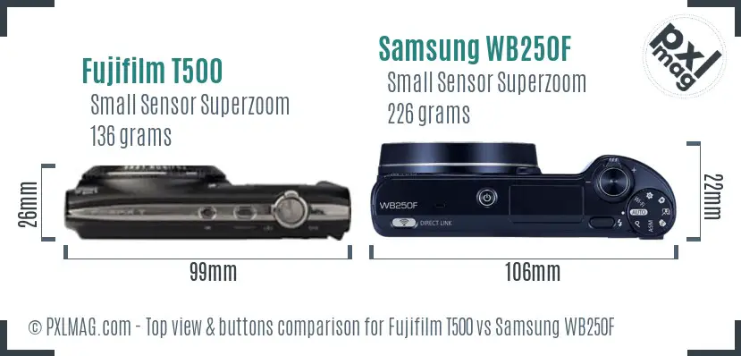 Fujifilm T500 vs Samsung WB250F top view buttons comparison