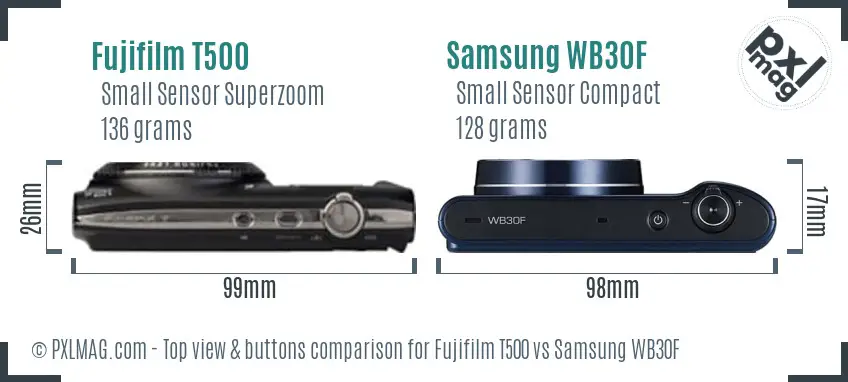 Fujifilm T500 vs Samsung WB30F top view buttons comparison Fujifilm T500 vs Samsung WB30F top view buttons comparison