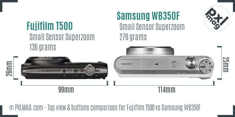 Fujifilm T500 vs Samsung WB350F top view buttons comparison