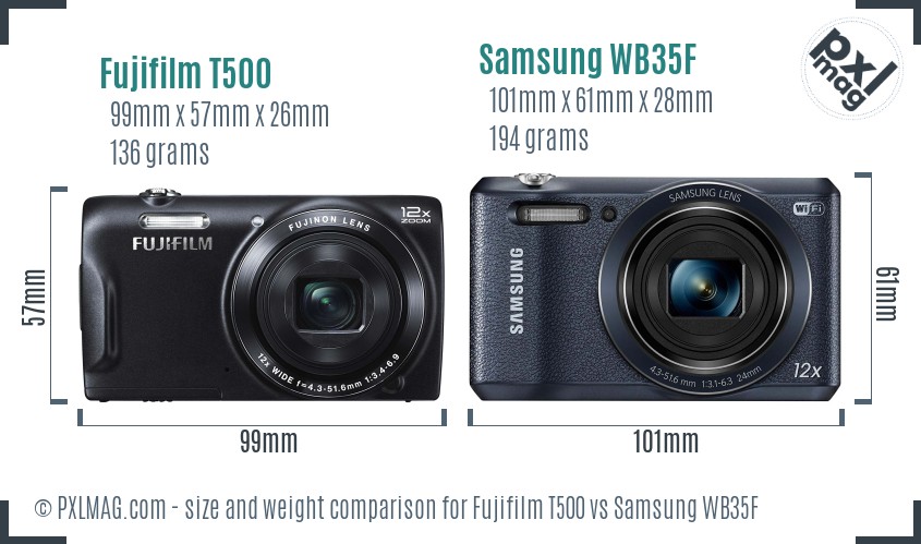 Fujifilm T500 vs Samsung WB35F size comparison