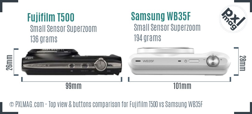 Fujifilm T500 vs Samsung WB35F top view buttons comparison