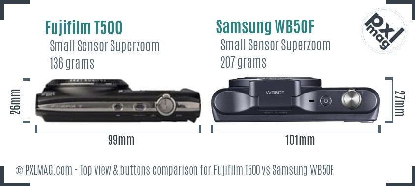 Fujifilm T500 vs Samsung WB50F top view buttons comparison