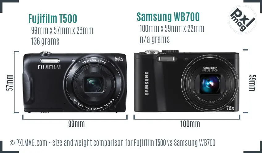 Fujifilm T500 vs Samsung WB700 size comparison