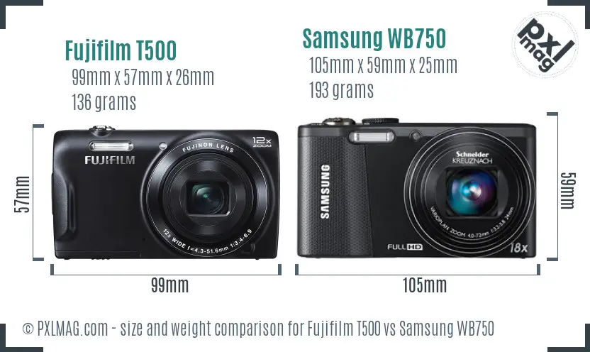 Fujifilm T500 vs Samsung WB750 size comparison