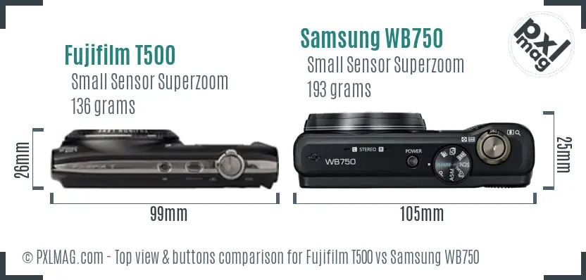 Fujifilm T500 vs Samsung WB750 top view buttons comparison