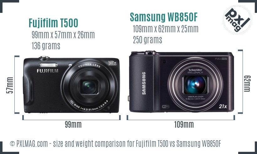 Fujifilm T500 vs Samsung WB850F size comparison Fujifilm T500 vs Samsung WB850F size comparison