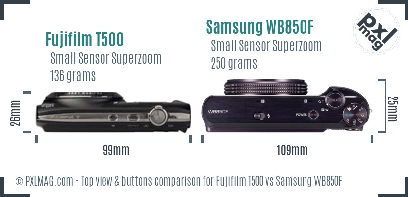 Fujifilm T500 vs Samsung WB850F top view buttons comparison