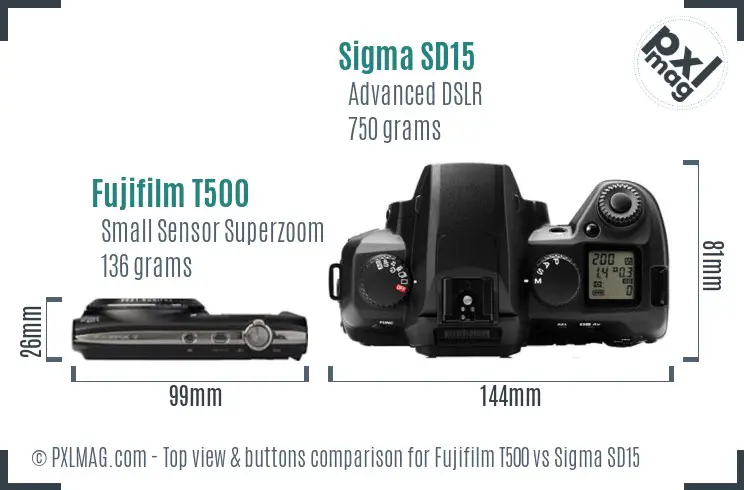 Fujifilm T500 vs Sigma SD15 top view buttons comparison
