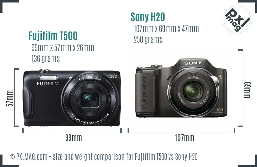 Fujifilm T500 vs Sony H20 size comparison