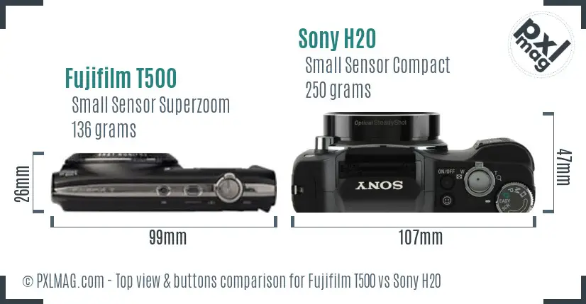 Fujifilm T500 vs Sony H20 top view buttons comparison