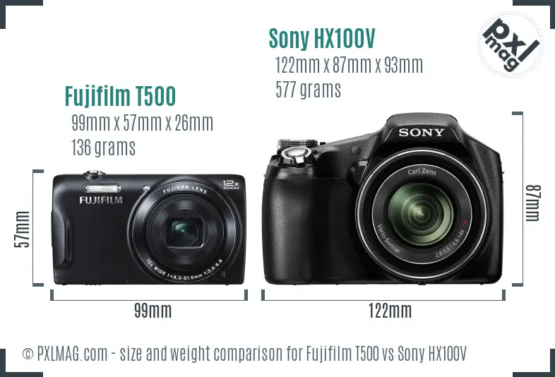 Fujifilm T500 vs Sony HX100V size comparison