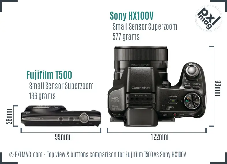 Fujifilm T500 vs Sony HX100V top view buttons comparison