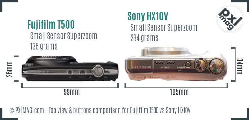 Fujifilm T500 vs Sony HX10V top view buttons comparison Fujifilm T500 vs Sony HX10V top view buttons comparison
