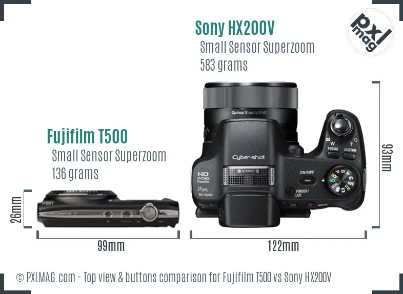 Fujifilm T500 vs Sony HX200V top view buttons comparison